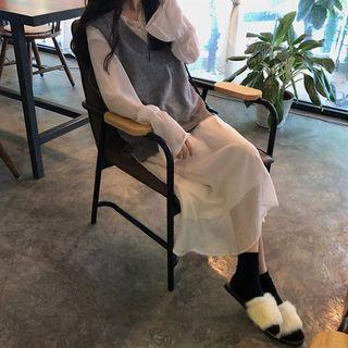 Set: Lace Trim Long-sleeve Midi Dress + Knit V-neck Vest