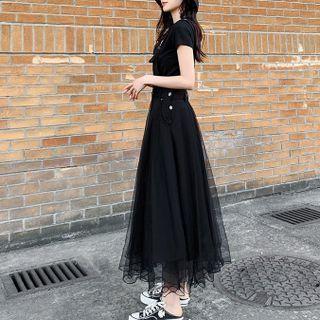 Short-sleeve Top / Mesh Maxi A-line Overall Dress / Set