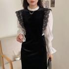 Long-sleeve Lace Trim Mock Two-piece Midi Dress
