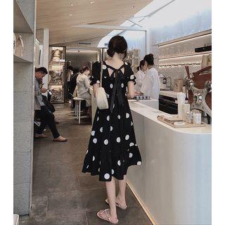 Dotted Short-sleeve Ruffle Hem A-line Midi Dress