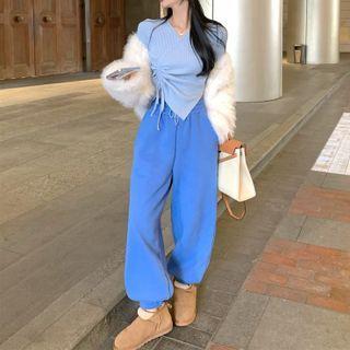 Asymmetrical Drawstring Knit Crop Top / Harem Pants