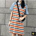 Color Panel Striped Short Sleeve Polo Shirt Dress