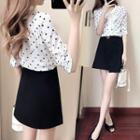 Set: Tie-neck Elbow-sleeve Blouse / Cold Shoulder Short-sleeve Top + A-line Skirt