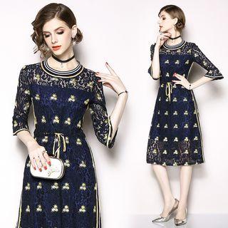 Elbow-sleeve Embroidered A-line Lace Dress