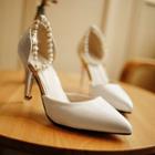 Faux Pearl Ankle Strap Pointy Pumps