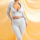 Set: Contrast Long Sleeve Ribbed Cropped Top + Contrast High-waist Ribbed Yoga Pants