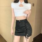 Lace-up Denim Mini Skirt / Short-sleeve Top