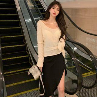 Long-sleeve Tie Neck Plain Top / High-waist Asymmetric Plain Skirt