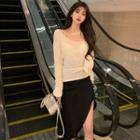 Long-sleeve Tie Neck Plain Top / High-waist Asymmetric Plain Skirt