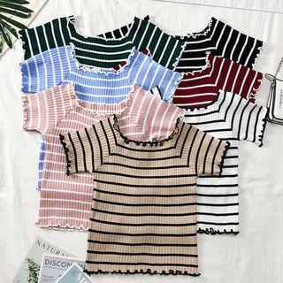 Ruffled-trim Striped Crop Knit Top