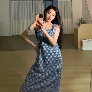 Wide Strap Checker Print Fringed Midi A-line Dress