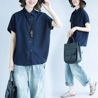 Striped Short-sleeve Shirt Navy Blue - L