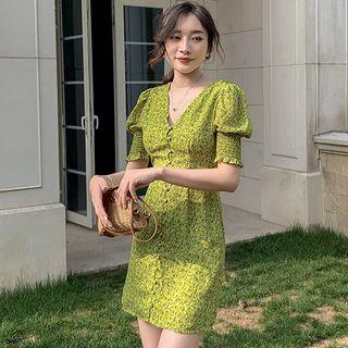 Short-sleeve Flower Print Mini A-line Dress