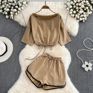 Set: Elbow Sleeve Drawstring Crop Top + Sweatshorts