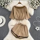Set: Elbow Sleeve Drawstring Crop Top + Sweatshorts