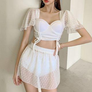 Set: Short-sleeve Mesh Panel Swim Top + Bottom + Skirt