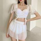 Set: Short-sleeve Mesh Panel Swim Top + Bottom + Skirt