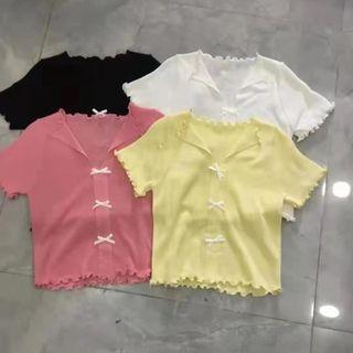 Short-sleeve Collared Ribbon Knit Top