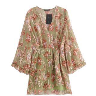 Flared-sleeve Flower Print Mini A-line Dress