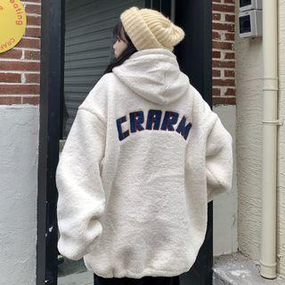 Lettering Hooded Zip-up Fleece Jacket