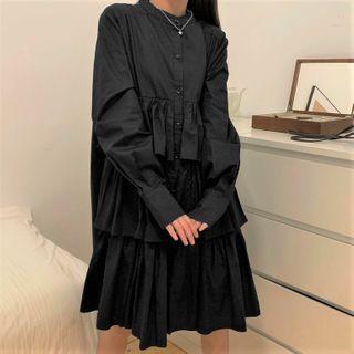 Long-sleeve Layered Shirt Dress Black - One Size