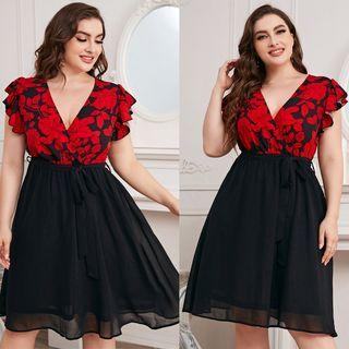 Sleeveless Ruffle Floral Panel A-line Dress