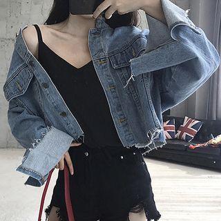 Cropped Button Denim Jacket Blue - One Size