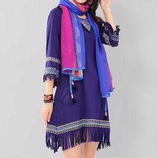 3/4-sleeve Fringed Hem Mini Dress