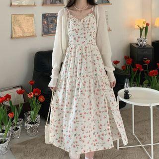 Spaghetti Strap Floral Print Midi Dress / Crop Cardigan (various Designs)