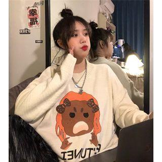 Cartoon Print Round-neck Knit Sweater Almond - One Size