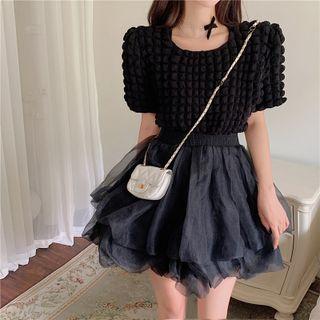 Crewneck Plain Checker Top / High-waist Plain Mesh Skirt