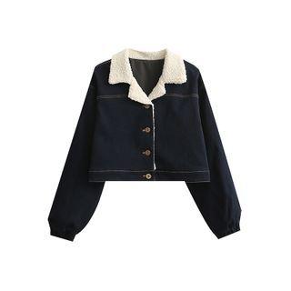 Set: Fluffy Trim Denim Jacket + Mini A-line Skirt