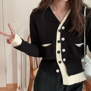 V-neck Color Block Long-sleeve Cardigan Black - One Size