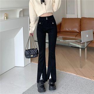 High-waist Plain Split Boot-cut Pants