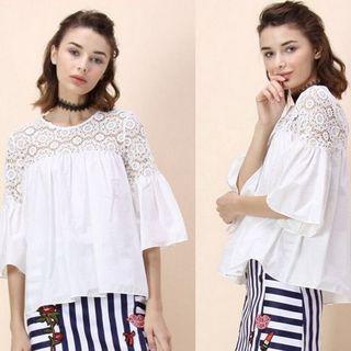Elbow-sleeve Crewneck Plain Panel Slim Lace Top