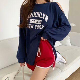Long-sleeve Cold-shoulder Lettering T-shirt / High-waist Shorts