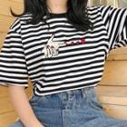 Elbow-sleeve Striped Hand Print T-shirt Stripe - One Size