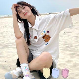 Elbow-sleeve Bear Embroidered Polo Shirt White - One Size