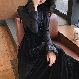 Plain Mock-neck Long-sleeve Blouse / High-waist Velvet Dress