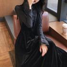Plain Mock-neck Long-sleeve Blouse / High-waist Velvet Dress