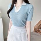 Contrast-collar Ribbed Knit Top