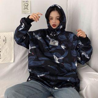 Crane Print Boxy Hoodie Black - One Size