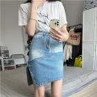Asymmetrical Denim Mini Pencil Skirt / Short-sleeve Lettering T-shirt