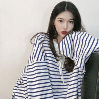 Striped Lace-up Long-sleeve T-shirt Stripe - Blue - One Size