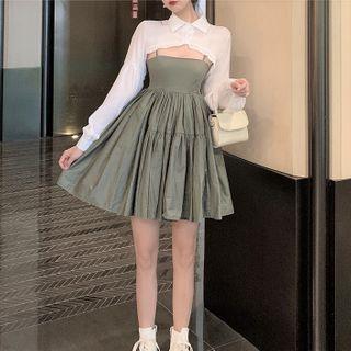 Long-sleeve Cropped Blouse / Spaghetti Strap Mini A-line Dress