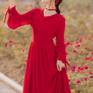 Long-sleeve Hooded Frill Trim Maxi A-line Chiffon Dress
