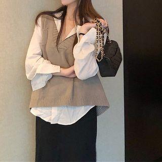 Set: Knit Vest + Shirt + A-line Midi Skirt
