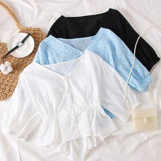 Gather-waist Eyelet V-neck Shirt