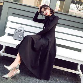 Bow Neck Long-sleeve Midi A-line Dress