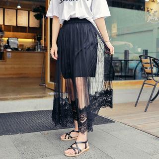 Band-waist Lace-hem Mesh Skirt